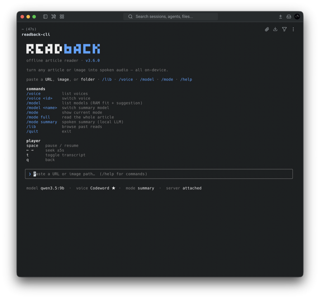 readback CLI help screen with structured command and player key reference