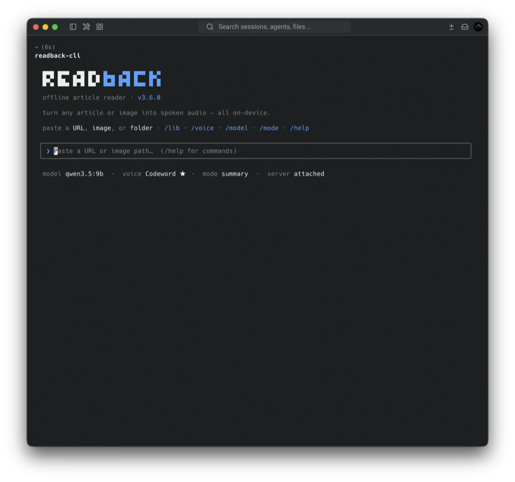 readback CLI home screen: paste a URL, slash commands for voice, mode, and model