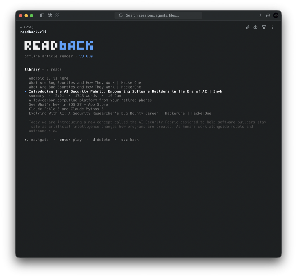 readback CLI library browser with selected-item metadata and summary preview