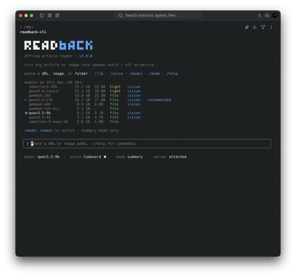 readback CLI /model list: local Ollama models with RAM-fit verdicts and a recommendation