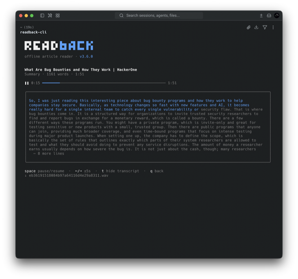 readback CLI mid-read: seekable terminal player with live word-by-word transcript highlighting